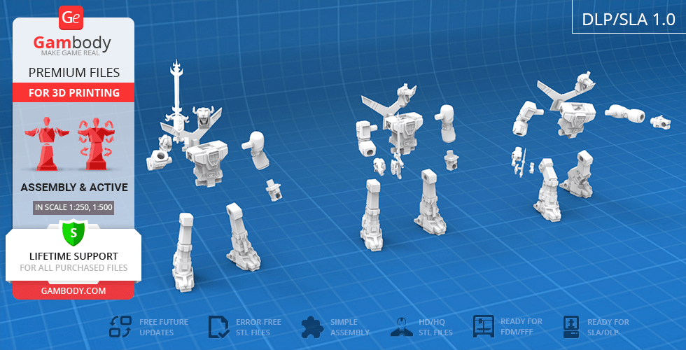 3D model parts of Voltron from 1984 laid out for assembly, displayed on a blue grid background.