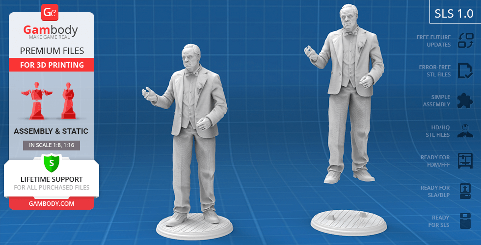 A 3D printable model of a distinguished man in a suit, displayed on a circular base for assembly.