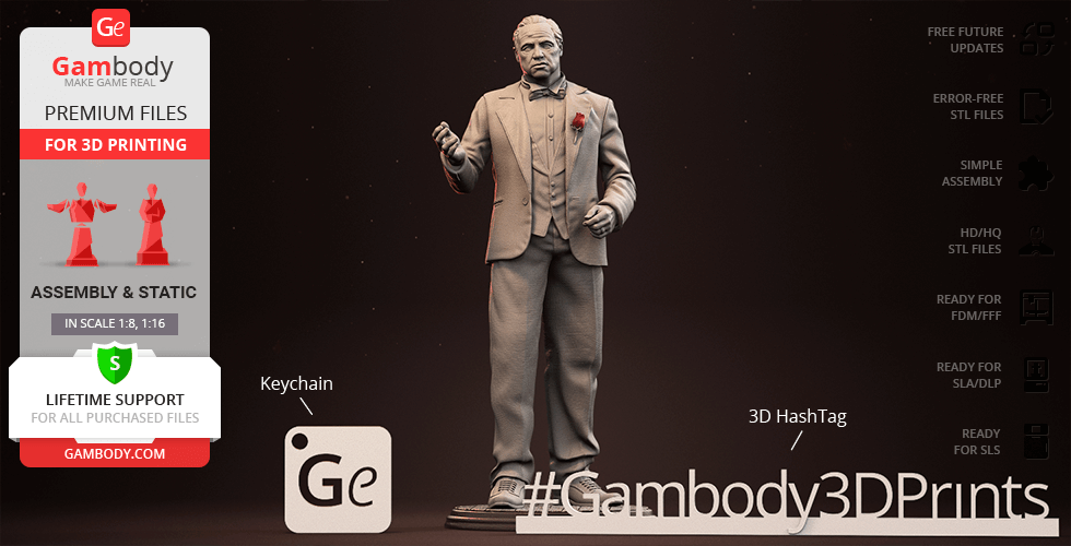 A detailed 3D model of a suited man holding a cigarette, designed for 3D printing.