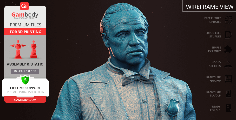 A detailed bust of an iconic movie character in a suit, designed for 3D printing.