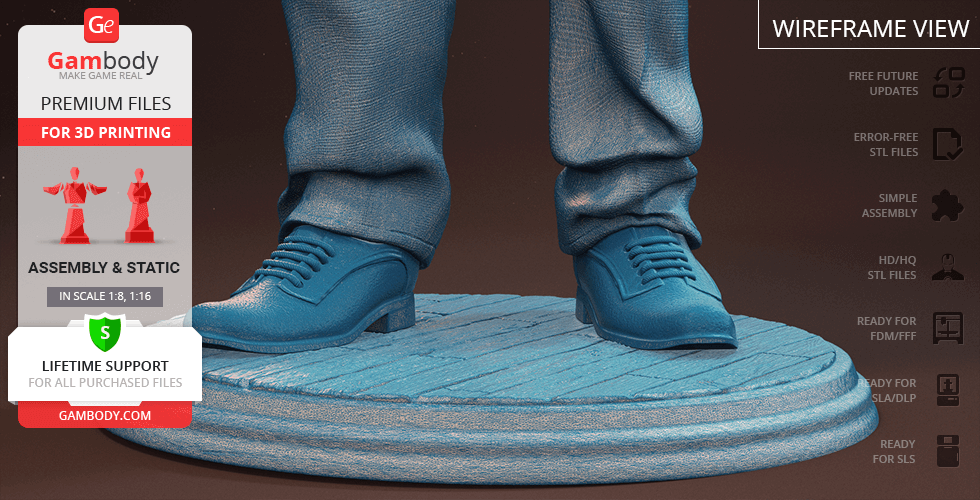 3D printed model of a figure's lower legs and shoes on a round base, designed for printing by Gambody.