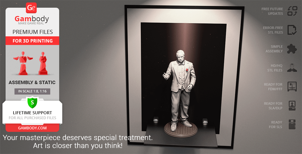 A 3D printable model of a distinguished, suited man on a round base, showcased in an elegant display.