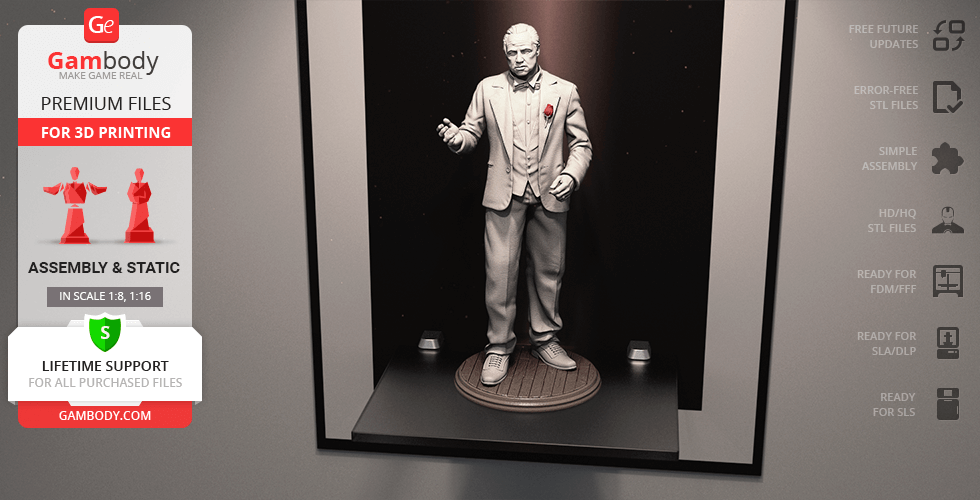 A 3D printed figure of a suited man, standing on a circular base.