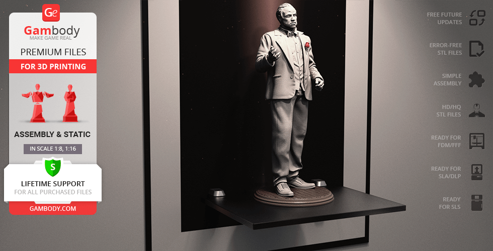 A 3D printable model of a well-dressed man in a suit, posed on a decorative base for display.