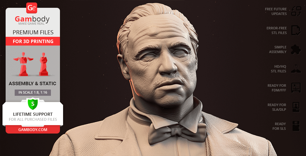 A detailed 3D model of a stern-faced, suited man with slicked-back hair and a bow tie.