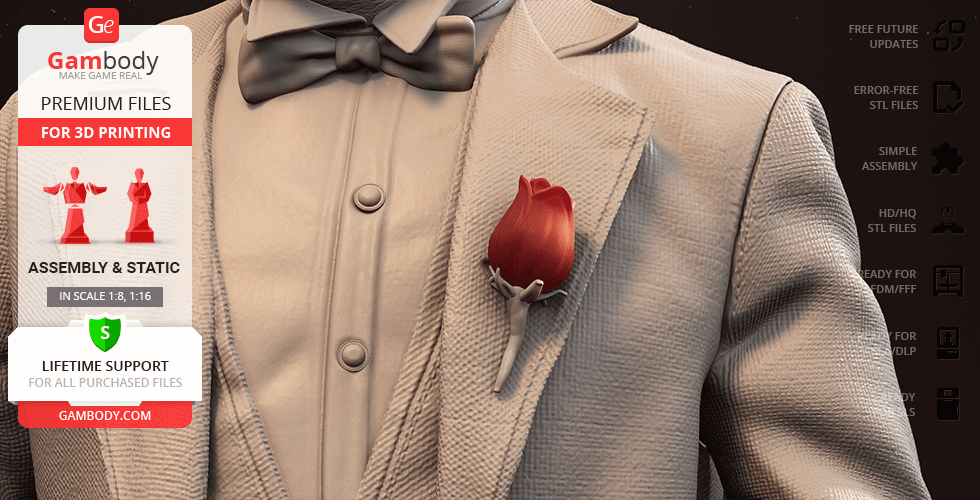A close-up of a textured suit with a red rose boutonniere and a black bow tie from a 3D model design.