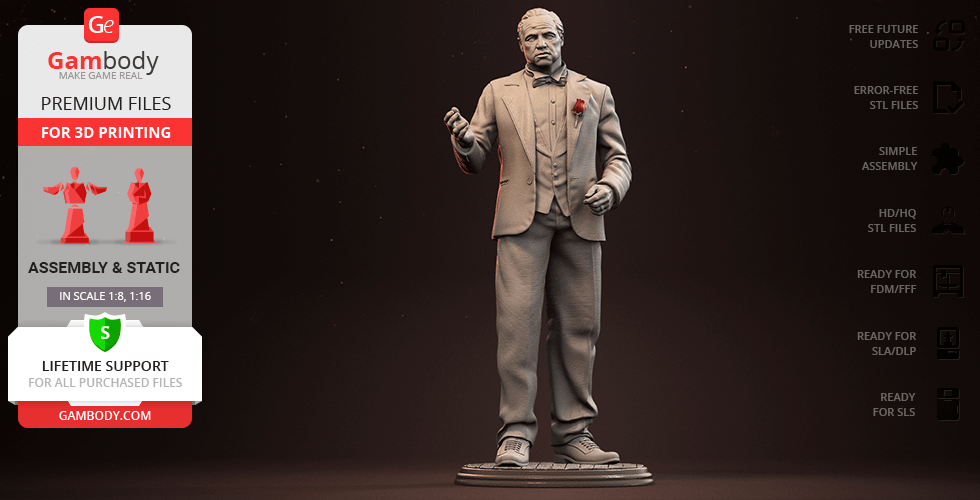 A 3D printable model of a classic, suited character with a rose, standing in a formal pose.