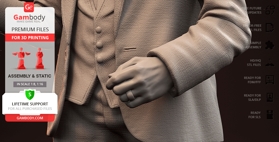 A close-up of a 3D-printed figure in a textured suit with a ring on the hand, labeled for premium files.