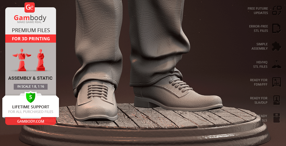 Detailed 3D model of a man's lower legs and shoes on a round base, ready for 3D printing.