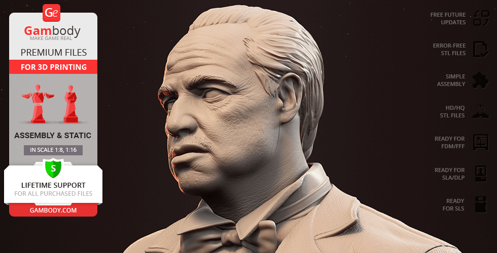 A detailed 3D model of a suited man, designed for 3D printing, displayed on a promotional graphic.