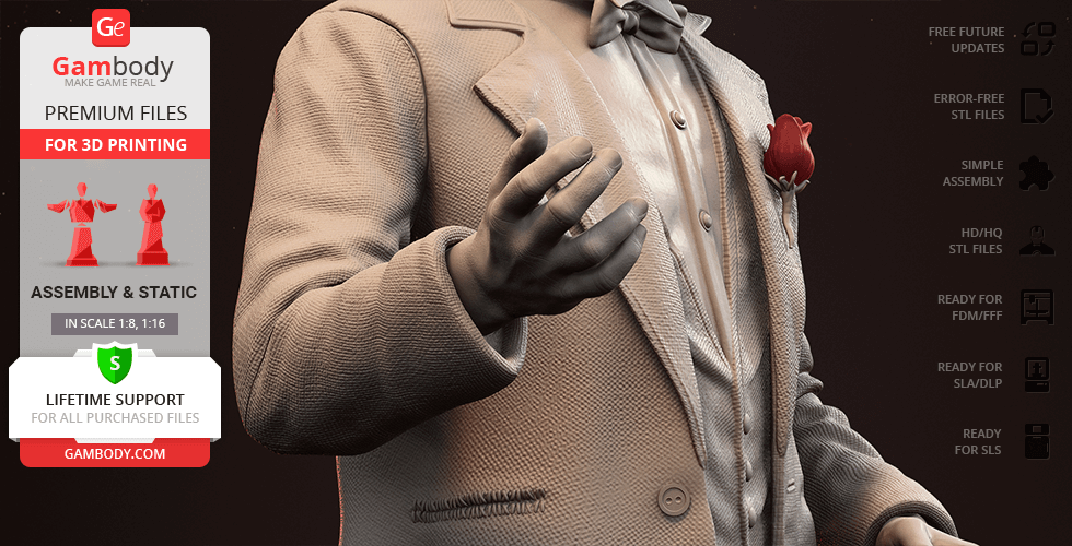 A detailed 3D printable model of a suited figure with a rose, offered by Gambody for easy assembly.