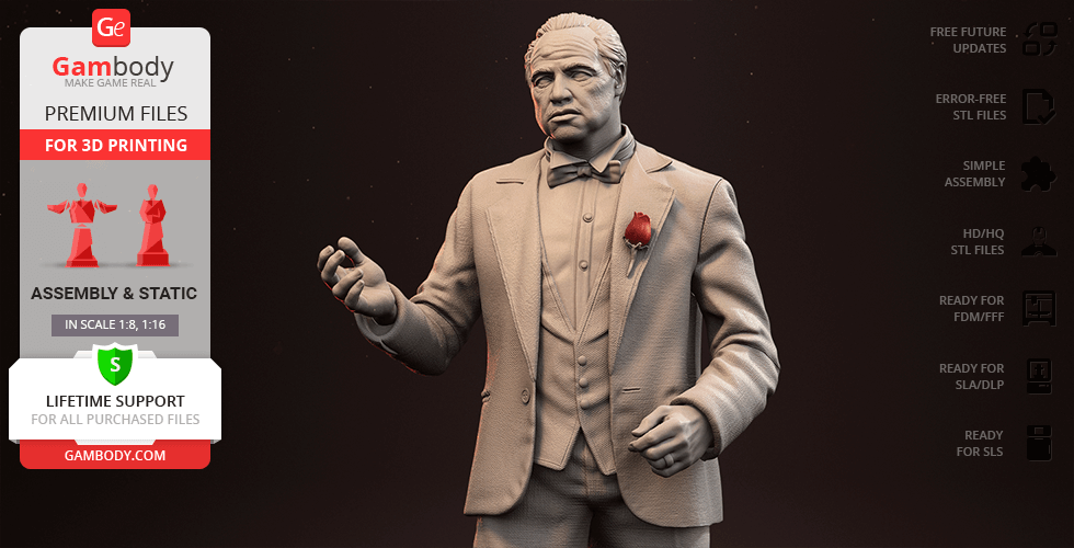 A 3D printable model of a formal man in a suit with a rose, resembling a classic film character.