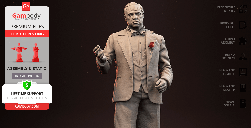 A detailed 3D model of a man in a suit, holding an item, with a rose on his lapel. For 3D printing.