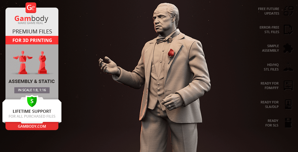 A detailed 3D model of a suited man with a rose, designed for 3D printing.