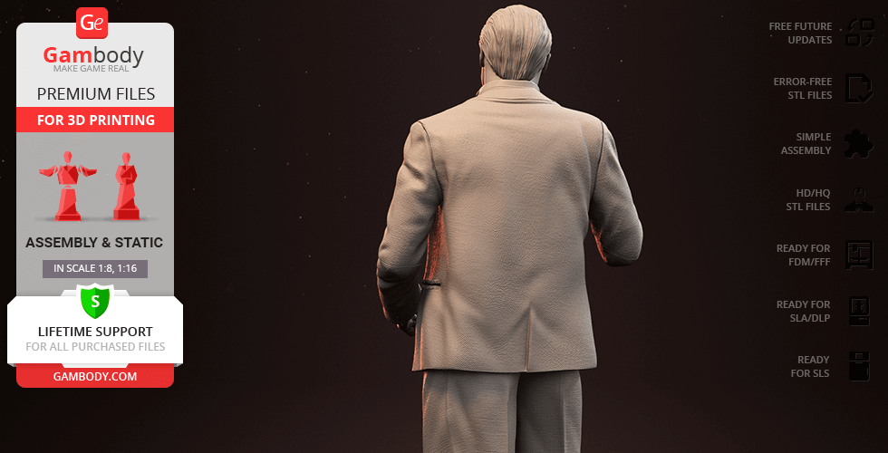 A 3D printed model of a man in a suit, viewed from behind, with Gambody branding on the side.