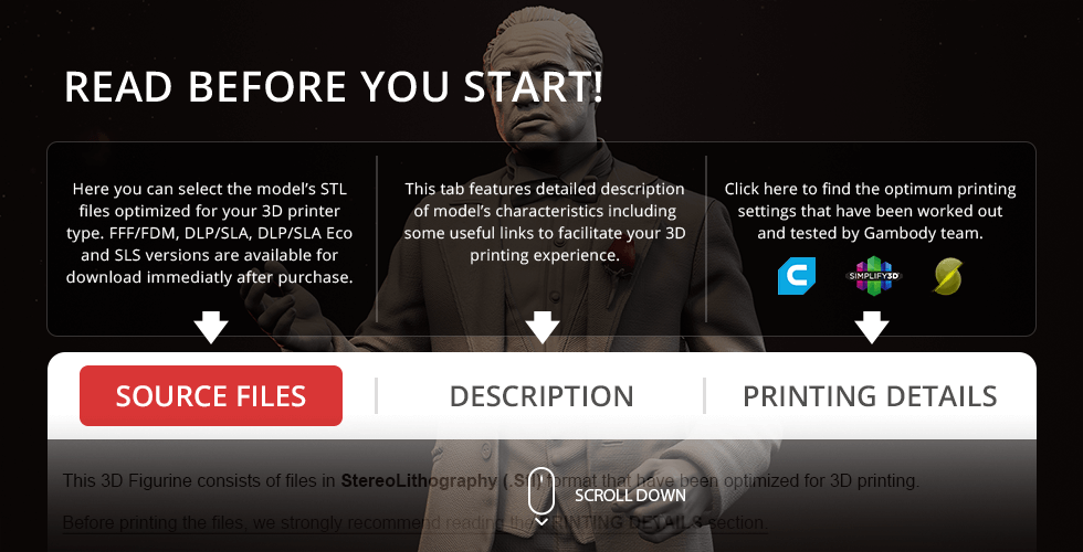 3D model of a suited man, depicted as a figurine for 3D printing, with text on STL file options.