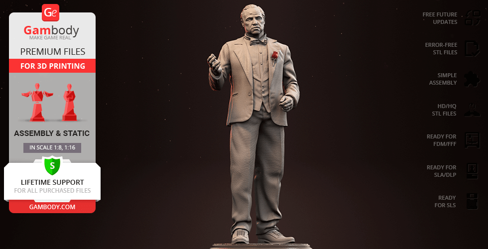 A 3D printed model of a distinguished man in a suit holding a cigar, standing on a platform.