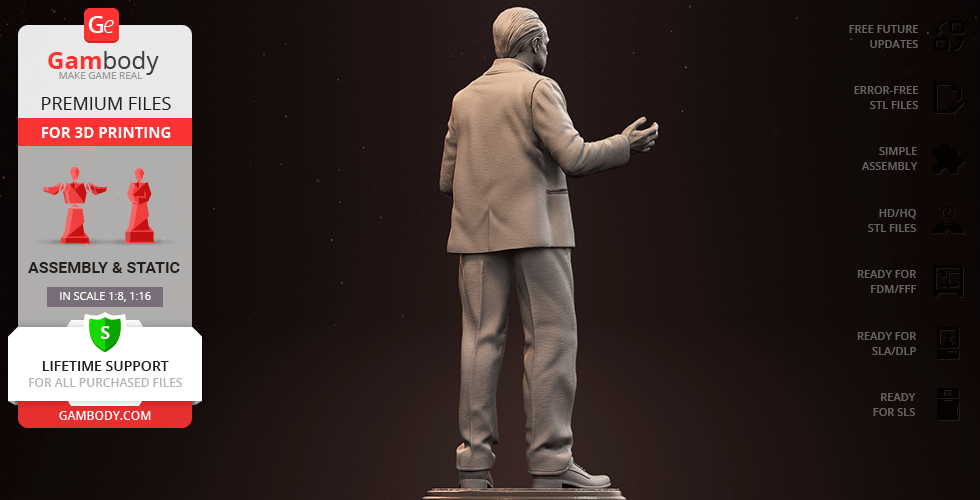 A detailed 3D model of a suited man with an outstretched arm, ready for 3D printing by Gambody.