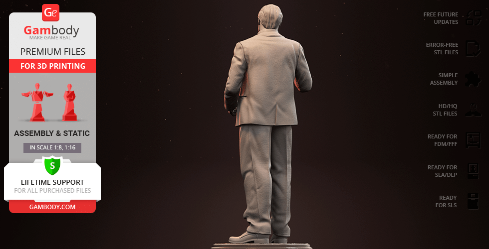A 3D model of a suited man from behind, designed for 3D printing, with promotional text on the side.