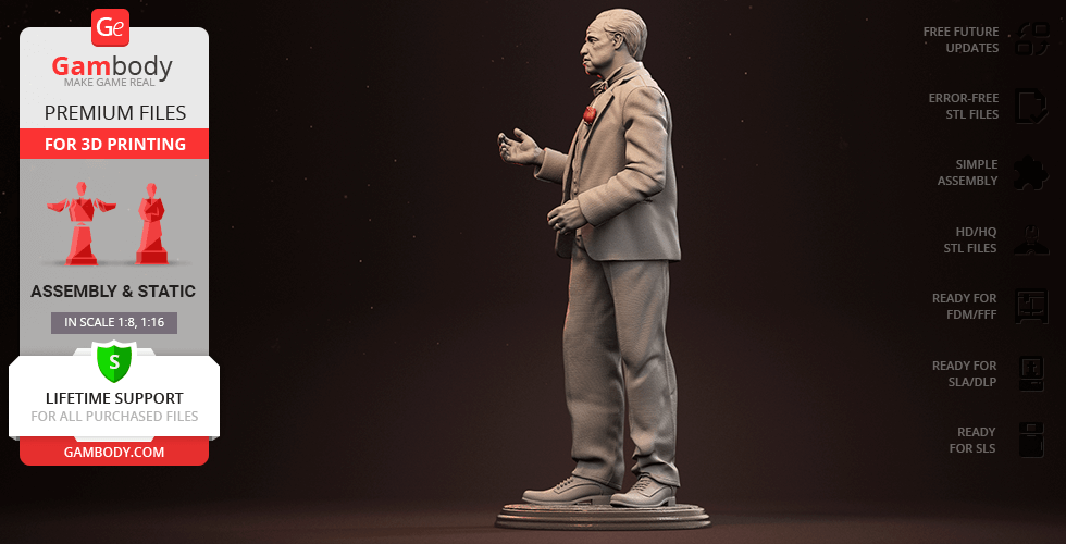 A 3D printable model of a suited man with a rose, standing on a base, in a formal pose.