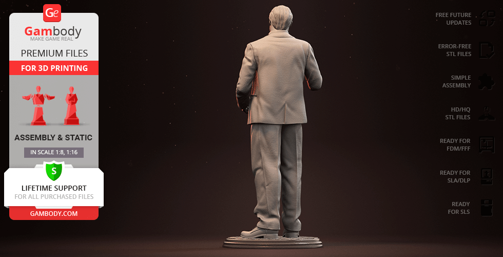 A 3D model of a distinguished man in a suit, viewed from behind, intended for 3D printing.