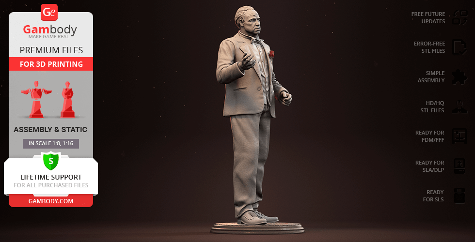 A detailed 3D model of a suited man holding a flower, designed for 3D printing.