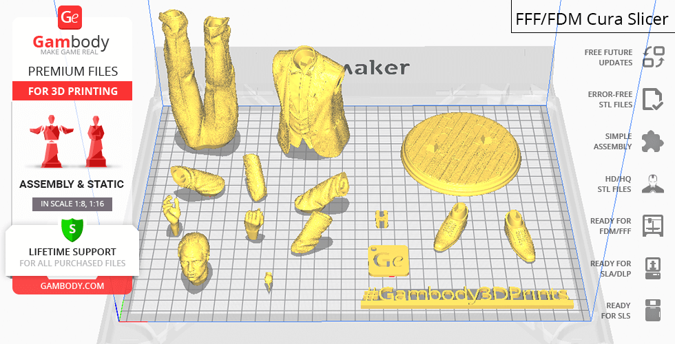 Collection of 3D printed Godfather figure parts on a virtual print bed.