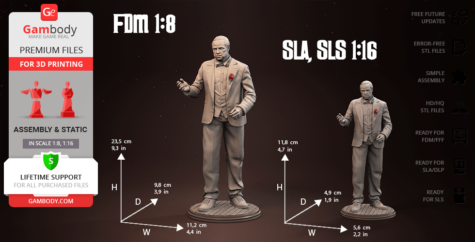 A 3D printed figure of a suited man holding a cigar, available in two scales, shown with dimensions.