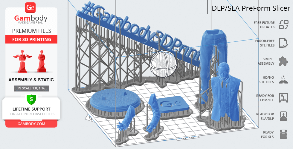 3D printing files display for a character model and accessories with supports on a printer bed.