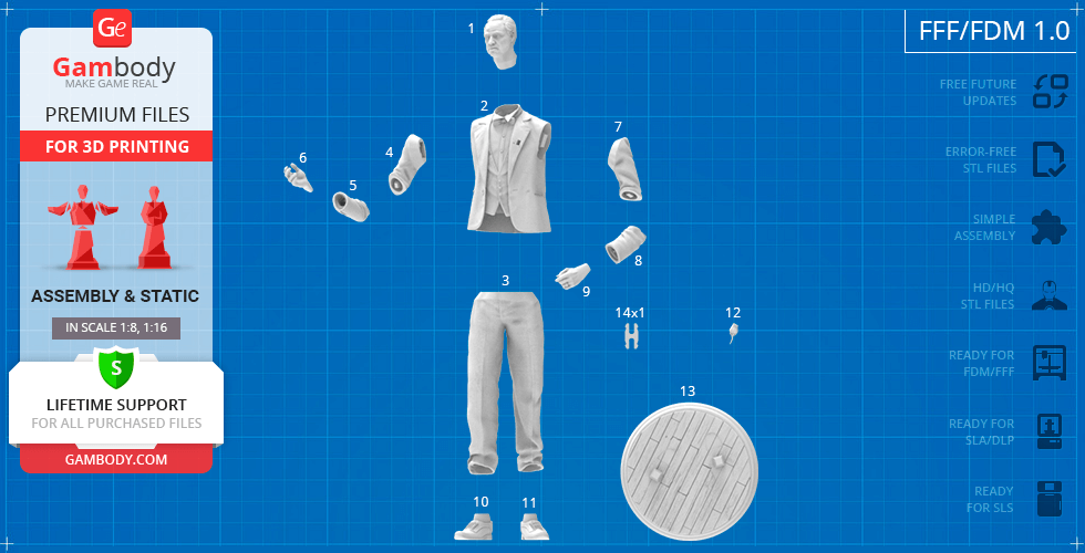 A 3D printable model kit showing disassembled pieces of a suited figure with base, for easy assembly.