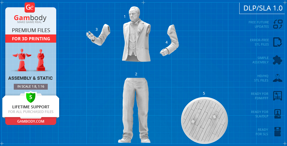 A 3D print model of a suited figure in separate parts, including torso, arms, legs, and a round base.