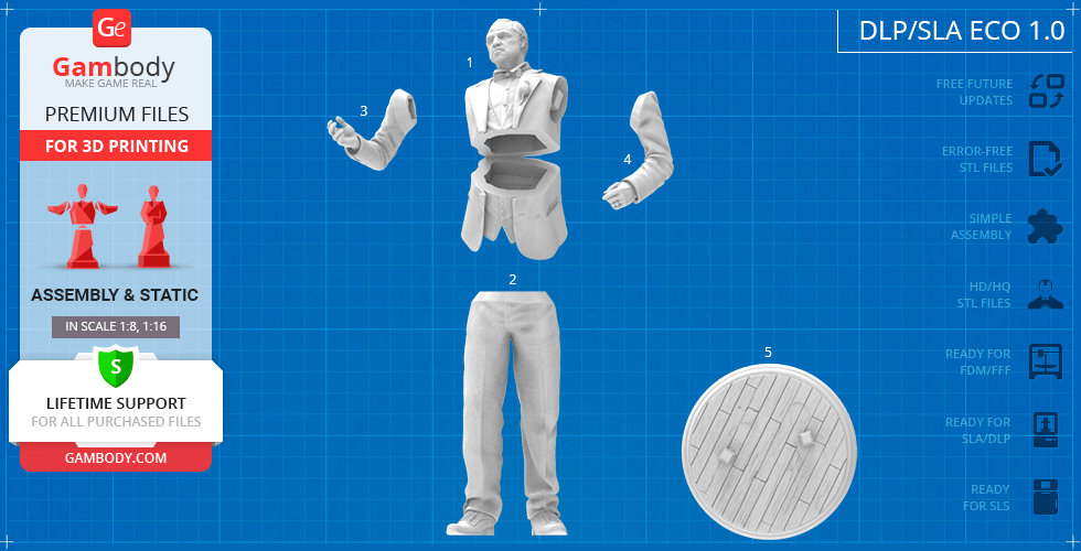 3D printable model of a suited man, split into parts, including arms and base, displayed on a blueprint background.