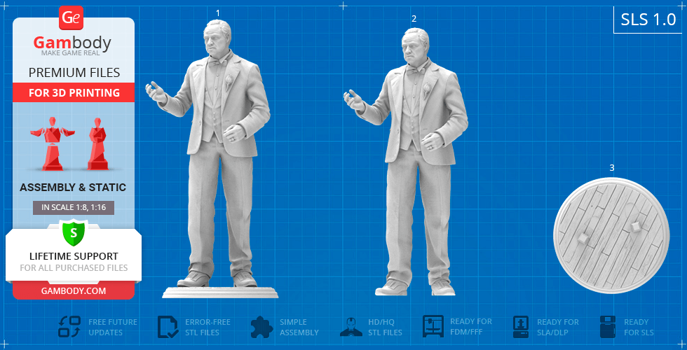 3D printable model of a suited man with a flat base, suitable for assembly and static display.