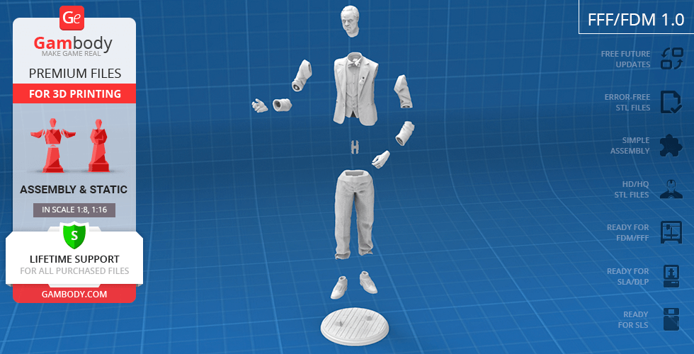 A 3D model kit of a suited figure, shown disassembled for printing, with assembly instructions on the side.