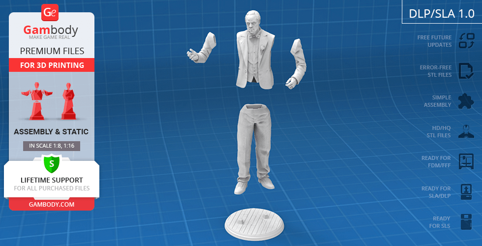 A 3D model of a suit-wearing figure in parts for assembly, displayed on a blue grid background.