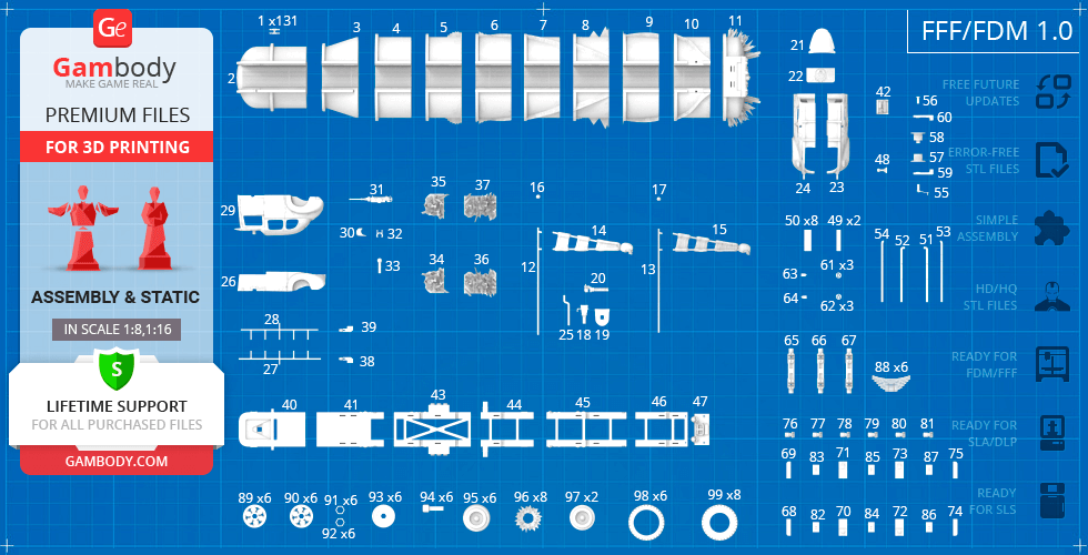 Blueprint-style layout of Mad Max War Rig Tanker 3D model parts for printing.