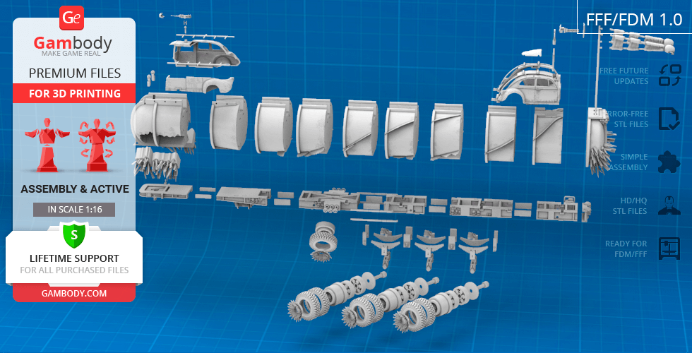 3D model parts for Mad Max War Rig Tanker, arranged on a blueprint-style background for 3D printing.