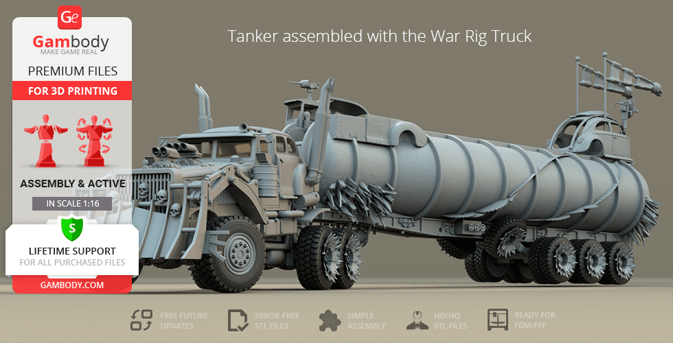3D model of a rugged tanker truck with spiked wheels, designed for 3D printing.