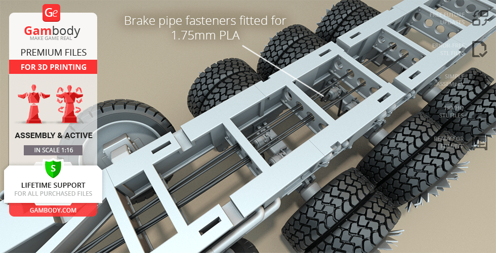 3D model of the Mad Max War Rig tanker chassis with detailed wheels and pipe fasteners for 3D printing.