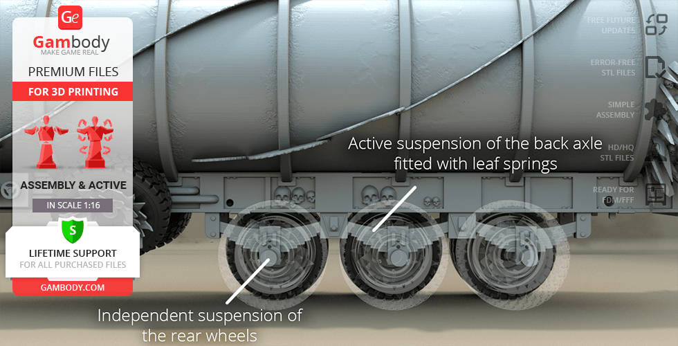A detailed view of a Mad Max War Rig Tanker model, showing rear wheel suspension elements for 3D printing.
