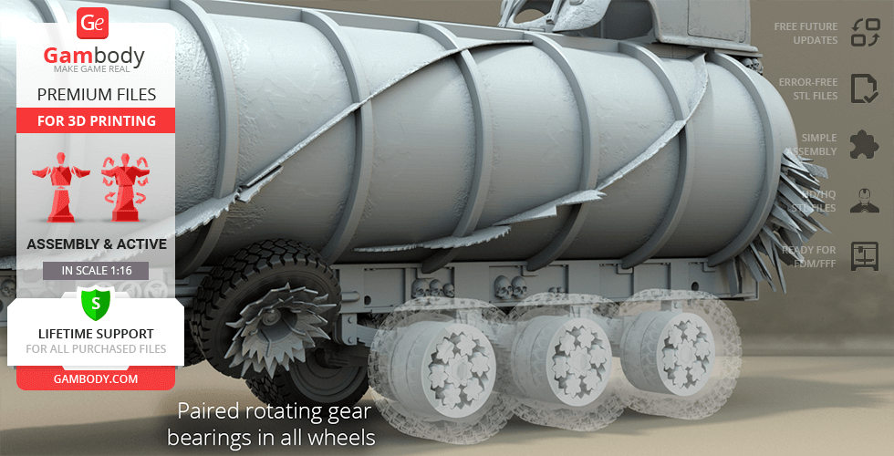 A detailed 3D model of a tanker from Mad Max with spiked wheels, designed for 3D printing.