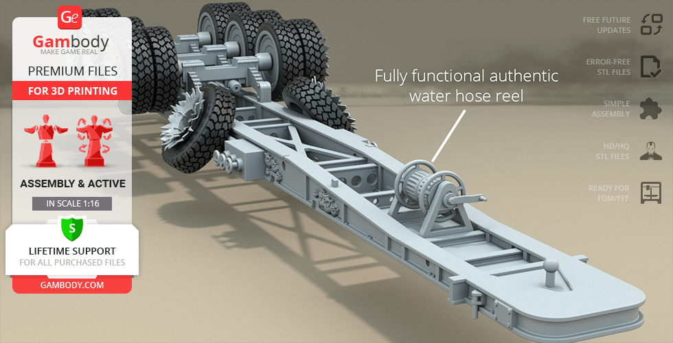 3D model of a Mad Max War Rig Tanker chassis with multiple wheels and functional hose reel for printing.