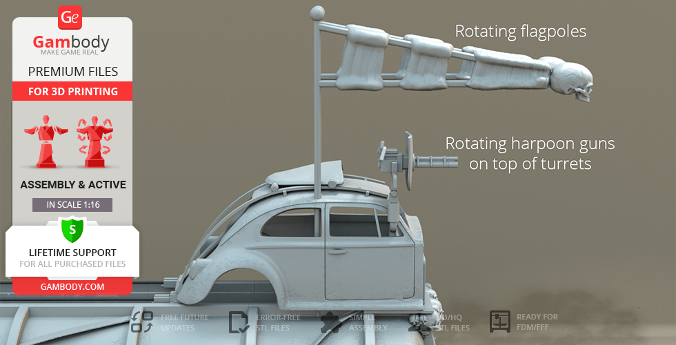A detailed 3D model of the Mad Max War Rig Tanker with rotating flagpoles and harpoon guns.
