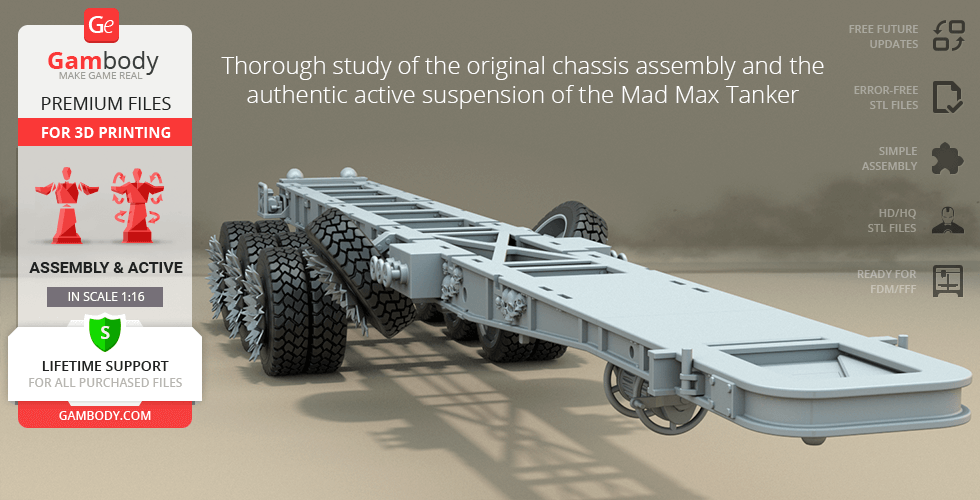 3D model of Mad Max War Rig Tanker chassis for printing, featuring detailed suspension and chassis assembly.