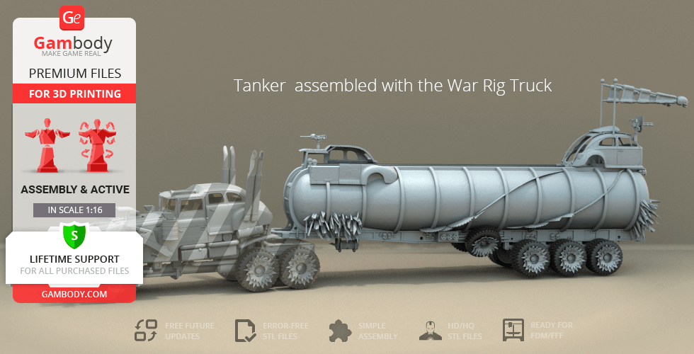 A detailed 3D model of a tanker trailer, designed as the War Rig from Mad Max, ready for 3D printing.