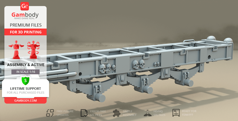 3D model of a Mad Max War Rig Tanker chassis with detailed skull decorations for printing.