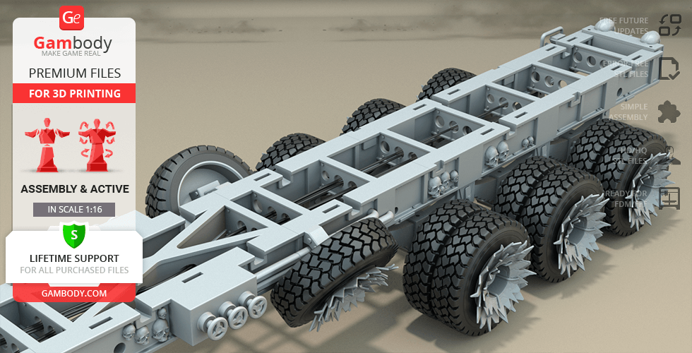 3D model of Mad Max War Rig Tanker chassis with multiple rugged wheels for 3D printing.