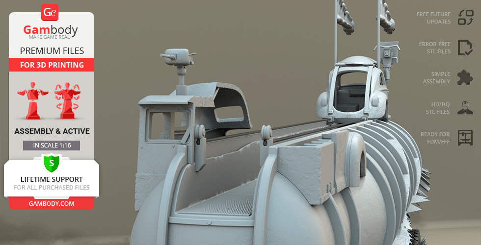 A detailed 3D model of the Mad Max War Rig Tanker for 3D printing, featuring rugged post-apocalyptic design.