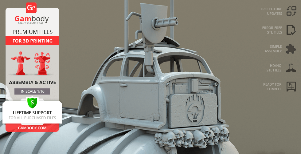 A post-apocalyptic vehicle model with a car body on a tanker, featuring a skull motif and mounted weapon.
