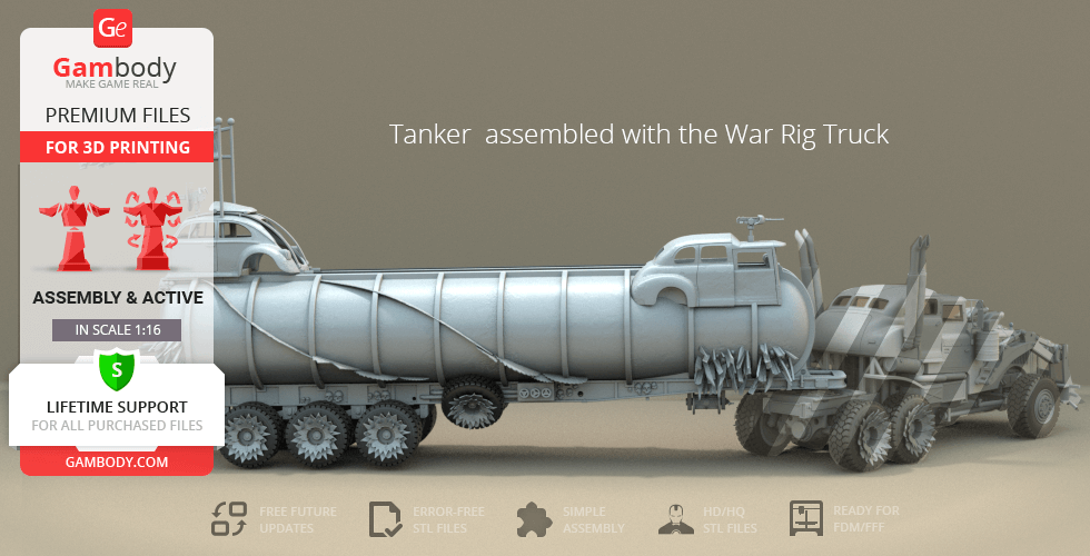 A detailed 3D model of a tanker truck from Mad Max, designed for 3D printing.